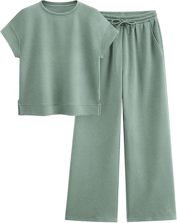 Amazon_com_ PRETTYGARDEN 2 Piece Outfits For Women Casual Tracksuit Short Sleeve Tops And Wide Leg Long Pants Matching Lounge Sets _ Clothing, Shoes & Jewelry Green Velvet Wear