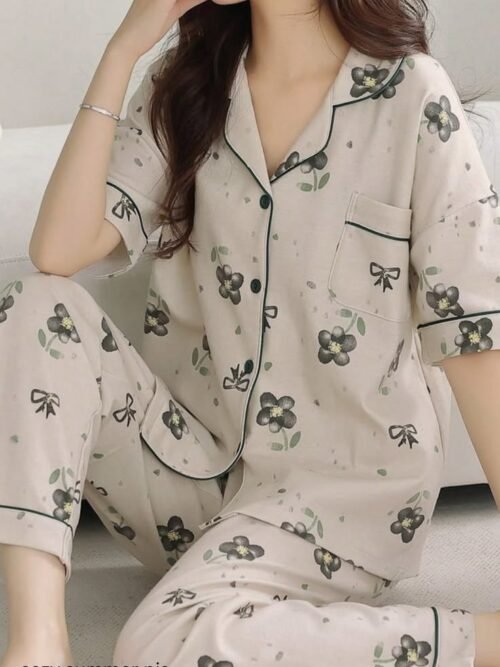 Cozy Summer Pajamas for Women _ Soft Floral Button-Up PJ Set for Comfortable Sleep Minimal Grey Lounge Wear