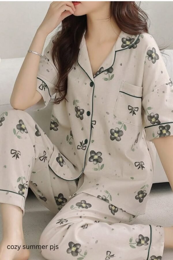 Cozy Summer Pajamas for Women _ Soft Floral Button-Up PJ Set for Comfortable Sleep Minimal Grey Lounge Wear