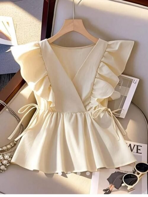 Cream Ruffle Wrap Peplum Blouse _ Cute Cottagecore Aesthetic Outfit 🥥✨ Off White Tops