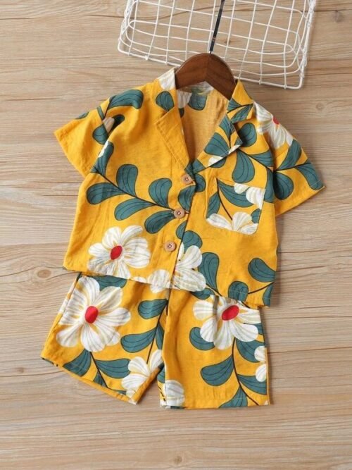 Toddler Boys Plants Print Button Through Shirt & Shorts _ SHEIN Toddler Boys Plants Print Shirt