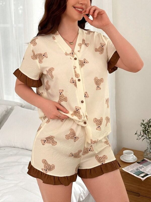 Women's Bear Print Ruffle Trim Short Sleeve Short Pajama Set Cute Printed Wear