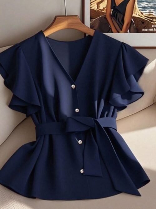 Women's Solid Color V-Neck Ruffle Hem Belted Short Sleeve Blouse Casual Blue Tops